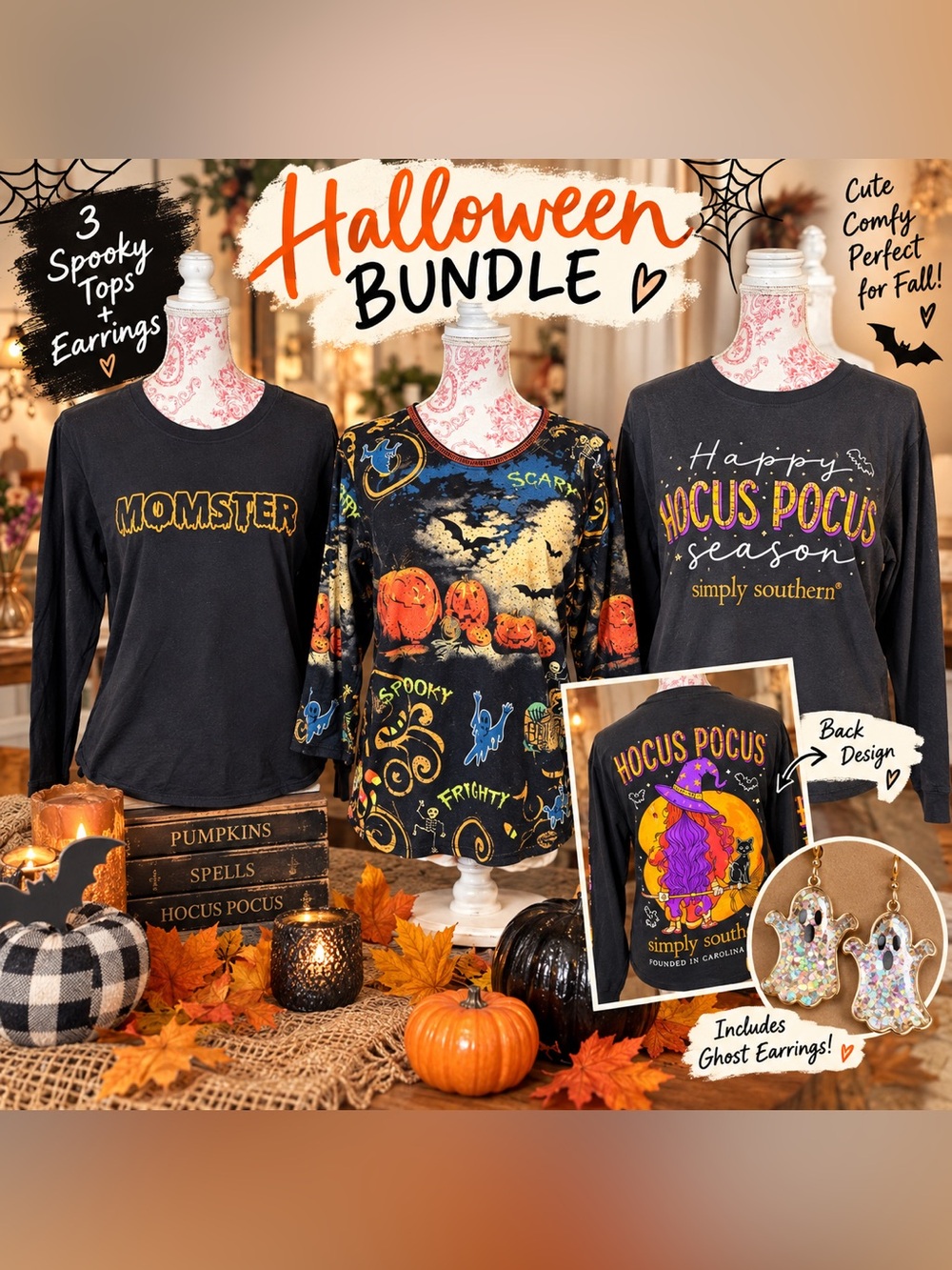 Halloween Shirt Bundle Momster Cactus Bay Simply Southern + Ghost Earrings